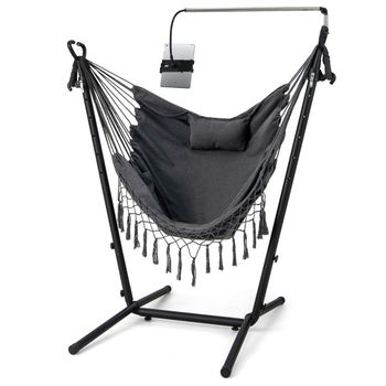 Costway Silla Hamaca con Soporte Altura Ajustale de 6 Niveles Carga 250kg Hamaca Portátil Jardín Exterior con Armazón Porta Teléfono Almohada Gris