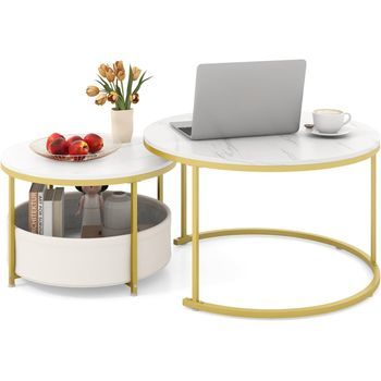 Mesa De Centro Costway Con Cesta De Tela (juego De 2 - Metal - Blanco)