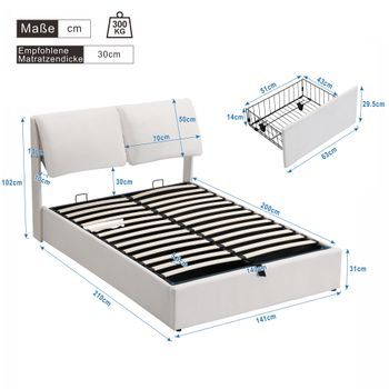 Cama Con Canapé 140x200 Cm Con 3 Cajones - Tejido Terciopelo - Somier Incluido - Blanco