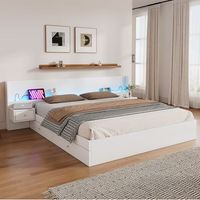 cama doble adultos 180x200 cm madera blanca con led usb toma de corriente control por app 2 mesitas y cajones sin colchon