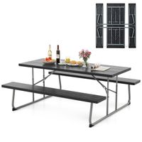 costway mesa de picnic plegable de 183 cm para 8 personas con 2 bancos marco de metal orificio para sombrilla mesa de hdpe para jardin