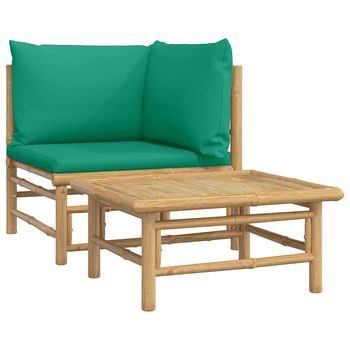 Conjunto De Muebles De Jardín 2 Uds | Mesa Y Sillas Bambú Con Cojines Verde