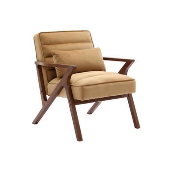 Sillón Escandinavo De Madera De Hevea Y Terciopelo, Camel