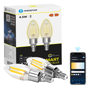 Aigostar Edison Bombillas Alexa LED E14 Bombillas Inteligentes 4.5W 470LM WIFI Bombilla Vintage C35 Bombillas Filamento Regulable 2700K-6500K， compatible con Alexa/Google Home. transparente 2 pack