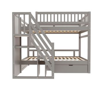 Cama litera 90*200 cm - con alto panel de seguridad, con somier, escalera de seguridad con almacenamiento, con cajones, cama infantil juvenil - gris