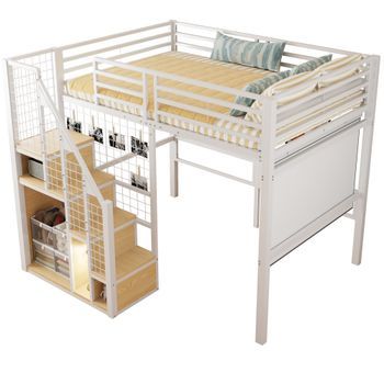 Cama Alta, 140x200 Cm, Estructura Metálica, Estante, Blanca