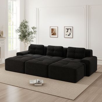 Canapé De Esquina Modular En Terciopelo Acanalado Con Función Sueño Y 3 Poufs, 3 Plazas, Negro