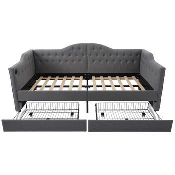 Canapé-lit Para Adultos 90x190 Cm, Con Puerto De Carga Usb Type-c Y 2 Cajones, Lino Gris (sin Colchón)