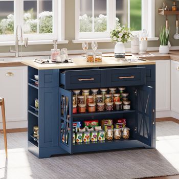 Isla De Cocina Azul De 120 Cm Con Mesa Plegable, Puertas De Cristal Y Ruedas Con Freno