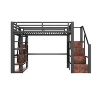 cama alta de metal 140x200 cm - estante escalones integrados barandilla de seguridad escalera tira led y espacio abierto inferior - negro
