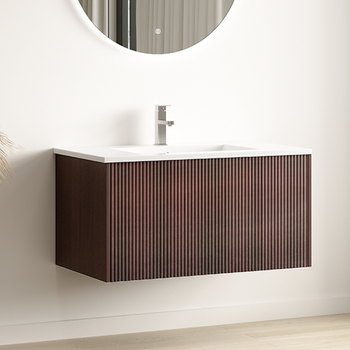 Mueble De Baño Suspendido Con Lavabo 80 Cm Nogal Frente Estriado - Lavabo Blanco - Lomazoo Sovina
