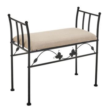 Banqueta Para Pie De Cama De Metal Negro Y Asiento De Lino Beige Casaselección