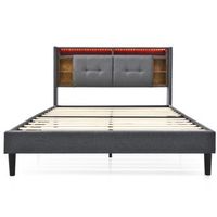 cama doble tapizada 160x200 - cabecero con almacenamiento usb y luces led estructura de madera - gris