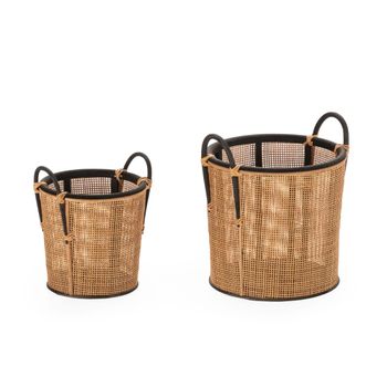 Set,2 cesto 34x32x36 , 27x24x28 madera negro,ratan natural