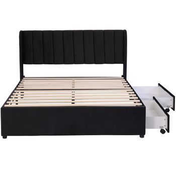 Cama De Tela De Seda 140x200 Cm Con Cabecero, 2 Cajones De Almacenamiento Y Somier, Estilo Minimalista, Negro, Sin Colchón, Resistente Hasta 300 Kg, Fácil De Instalar, Medidas Aprox. 207.5*140*95 Cm