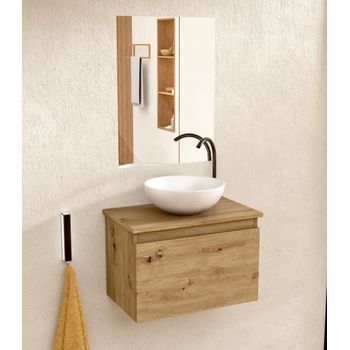 Mueble Baño Suspendido 49,5cm Roble Lavabo Redondo Espejo Bellobath