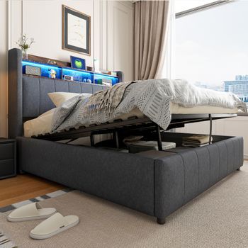Cama Doble Adultos 140x200 Cm Lino Gris Con Led, Usb, Cabecero Con Estanterías, Almacenamiento Y Mecanismo Hidráulico.