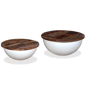 Set De 2 Mesas De Centro - Mesas De Café Forma De Bol Madera Reciclada Blanco