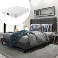 cama tapizada doble 140x200 cabecero acolchado somier laminas lino gris firmeza media con colchon muelles