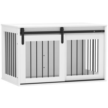 PawHut Jaula para perros con puerta corrediza, ventilación, tablero de partículas y acero, 98 x 58 x 61 cm, Nogal