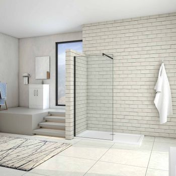 Aica Walkin Mampara Panel De Ducha De Una Hoja Vidrio Antical De 8mm Con Una Barra Ajustable 70-120cm Perfil Negro Mate Tamaño (48-50)x200cm