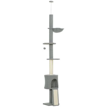 PawHut Árbol para Gatos de Piso a Techo Altura Ajustable 220-240cm con Hamaca Plataformas en Flor Cuevas Rampa Bola Gris Claro