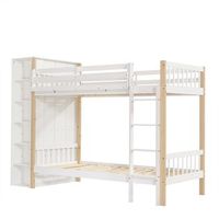 cama litera - cama infantil con proteccion contra caidas y barandilla - con 4 escaleras - 6 estantes abiertos - armarios laterales - mucho almacenamiento - natural y blanca - 90x200 cm