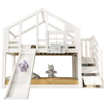 Cama Infantil 90x200 Cm - Tipo Casita Con Tobogán Y Barandilla De Seguridad - Blanco