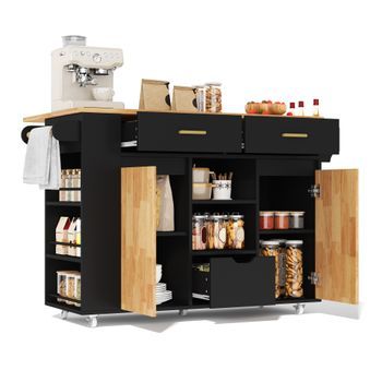 Isla De Cocina Móvil Con Encimera Abatible Y Ruedas, 3 Cajones, 120x71x90cm, Mdf, Blanco Y Madera