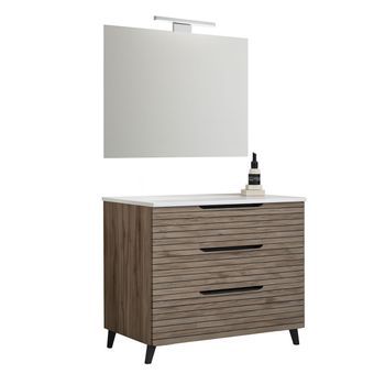 Kibath Mueble De Baño Con Lavabo, Espejo Y Aplique Led Ken 100x45 Cm Acabado Desierto Mate 3 Cajones Con Patas