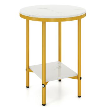 Costway Mesa de Café Redonda de 2 Niveles 40,5 cm Mesa Lateral Auxiliar con Estante de Almacenamiento Marco Metálico Dorado Blanco