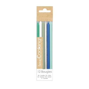 12 Velas Largas Azules Y Plateadas - 12 Cm