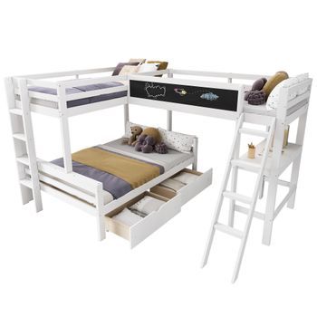 Litera De 90 X 200 Cm - Con Cajones - Cama Infantil Multifuncional - Pino - Blanco