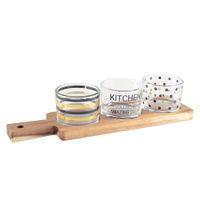 set de aperitivo de 3 vasos con bandeja de madera 295x8x61cm