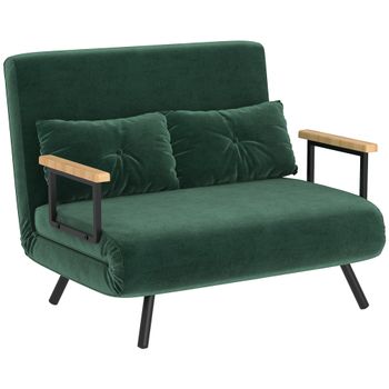 HOMCOM Sofá Cama 2 Plazas Sofá Cama Plegable Convertible 3 en 1 Respaldo Ajustable de 5 Niveles Almohadas 102x73x81cm Verde   Aosom España