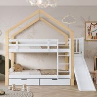 literas 2 x 90 x 200 cm con tobogan y 2 cajones - madera maciza y mdf - blanco  natural sin colchon