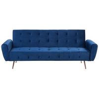 sofa cama moderno de terciopelo convertible con capitone bolsillo lateral patas de metal cobre azul selnes
