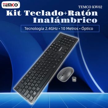 TEMCO KW02 Teclado Kit inalámbrico con Ratón con sensor óptico, tecnología 2.4 GHz, transmisión de señal hasta 10 metros