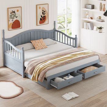 Cama Nido 90/180 X 190 Cm Con 2 Cajones Y Respaldo, Sofá Cama - Pino + Contrachapado + Mdf - Somier De Láminas - Gris (sin Colchón)