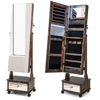 Gabinete Para Joyería Con 3 Espejos, Cajón, Ruedas Y Luces, Espejo Para Joyería, Marrón Rústico