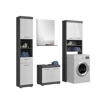 Conjunto De Baño Scott – Mueble Bajo Lavabo, Columna, Espejo Con Almacenamiento Y Mueble De Almacenamiento – Gris Oscuro Y Blanco