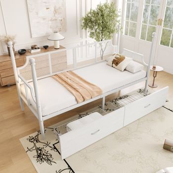 Cama De Metal De 90 X 200 Cm, Sofá Cama Con 2 Cajones - Respaldo Y Reposabrazos De Malla - Somier Incluido - Blanco (sin Colchón)
