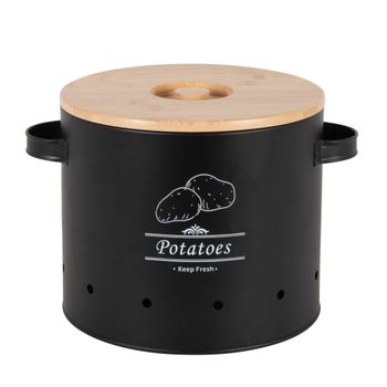 Tarro para patatas de metal negro y tapa de bambú Alt. 19 cm