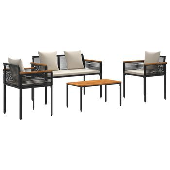 Juego De Muebles De Exterior | Mobiliario De Jardín Negro Y Crema Ratán Sintético