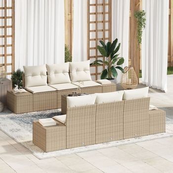 Juego De Sofá De Jardín De 7 Piezas Con Cojines Beige Poliratán V5370 Unico / Beige