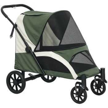 PawHut Carrito de Perro Plegable para Grandes Perros, Carro para Mascotas con 4 Ruedas, Correas de Seguridad, Frenos, Verde Oscuro   Aosom España