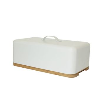 Panera de metal blanco y madera natural, 33 x 18 x 14 cm