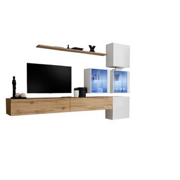 Conjunto De Muebles De Salón Switch Xix Diseño, Colores Roble Wotan Y Blanco Brillante.