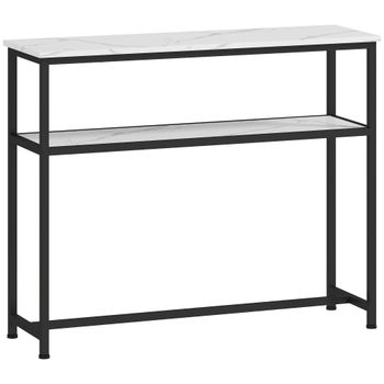 HOMCOM Consola Recibidor Estrecha con Superficie con Efecto Mármol Estante Abierto y Marco de Metal 100x30x81 cm Blanco