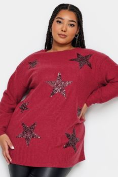 Yours Jersey Rojo Suave Con Estrellas De Lentejuelas, Mujer Curvy Y Tallas Grandes, Yours